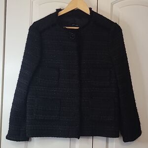 ZARA Tweed Boucle Snap Closure Round Neck Boxy Jacket Black Silver Size M